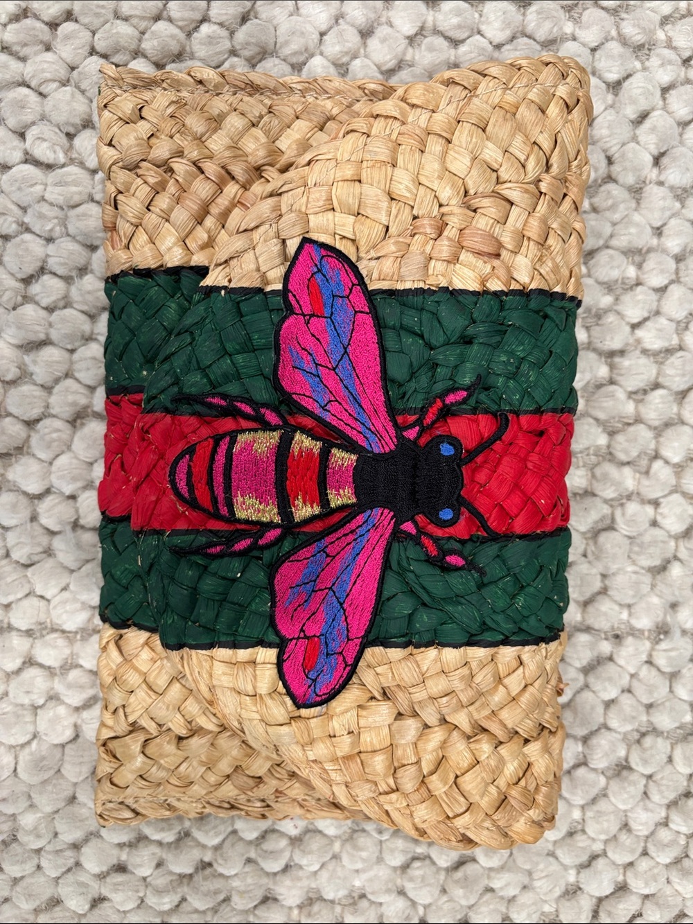 FauxGucciInspired Handwoven Straw Clutch Putse with Bee Applique